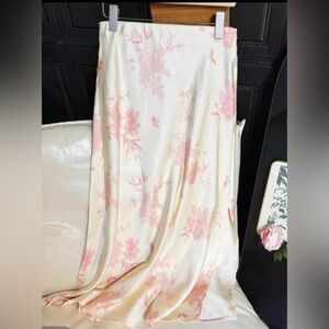 Women's Cream Satin Floral Maxi Skirt - Pink Print